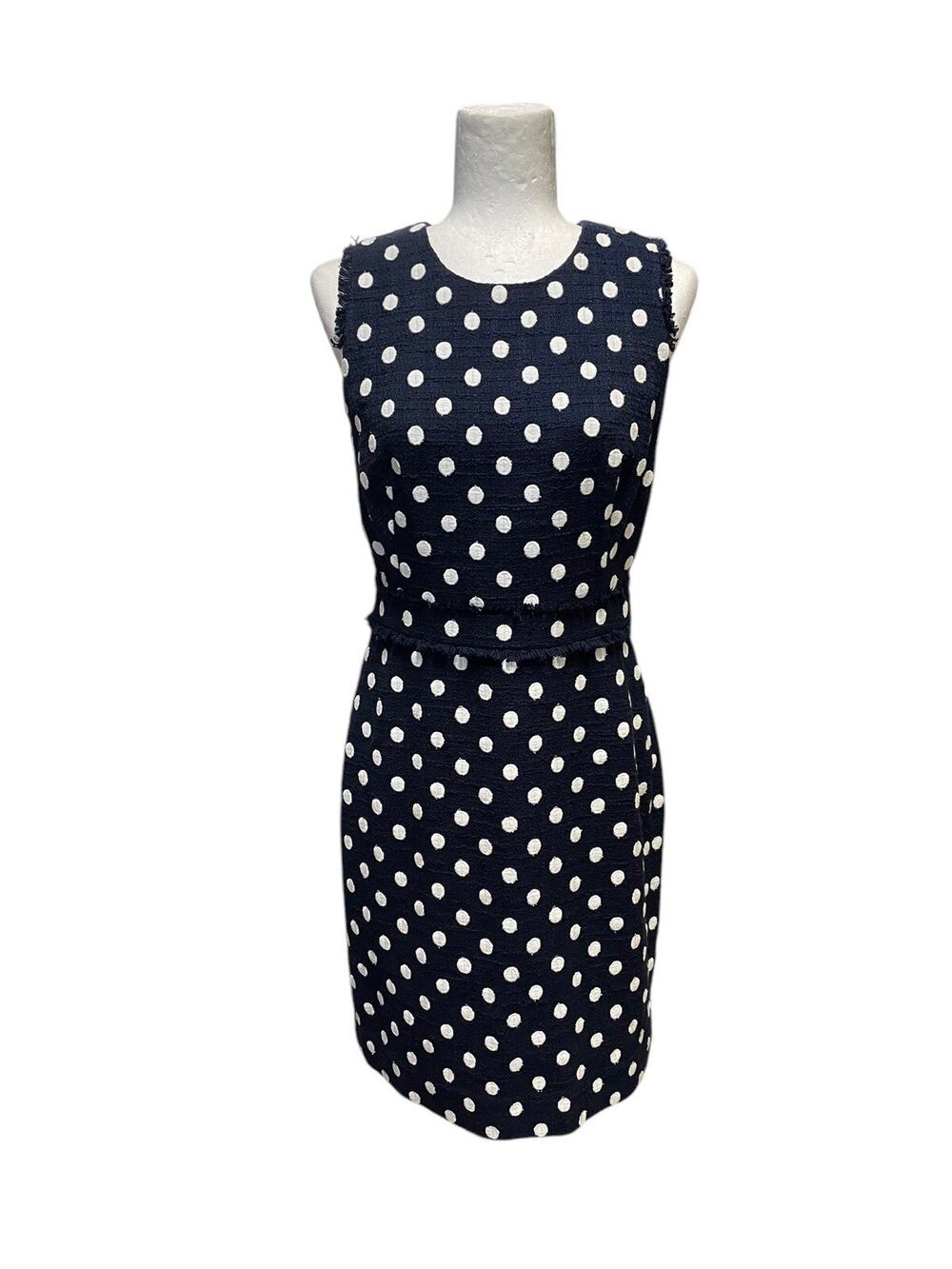 J Crew Tweed Sheath Dress Navy Blue White Polka Dot Sleeveless Cocktail Size 6